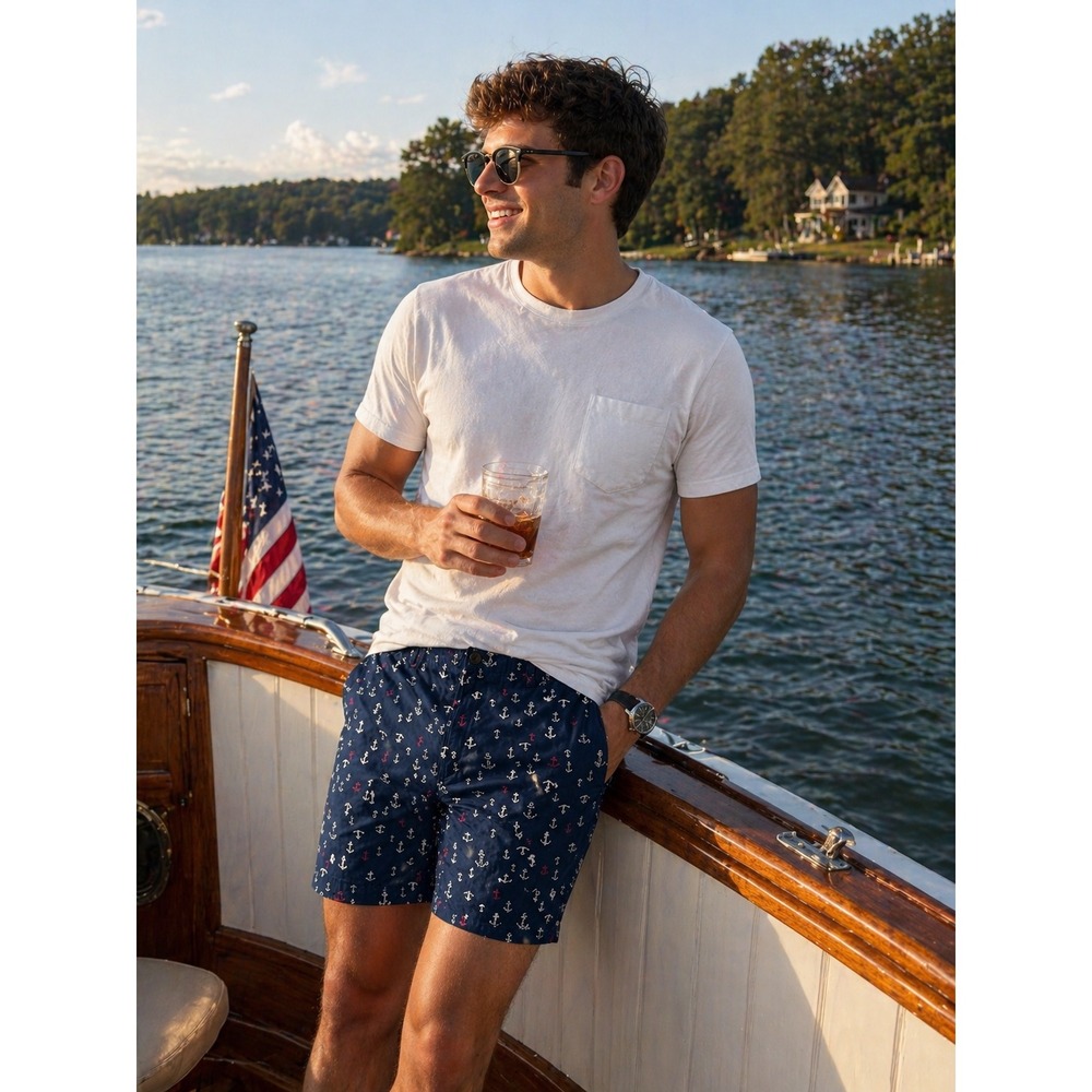 Flag & Anthem Mens Navy Blue Anchor Print Chino Shorts Size 34 Nautical Summer